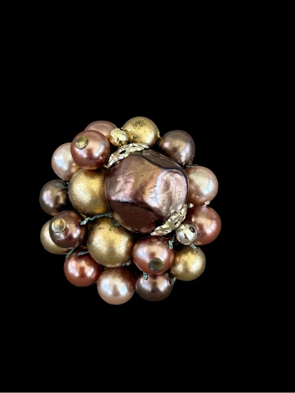 VTG MCM Beaded Pearl Cluster Clip On Earrings Shades of Brown Marked Japan 1